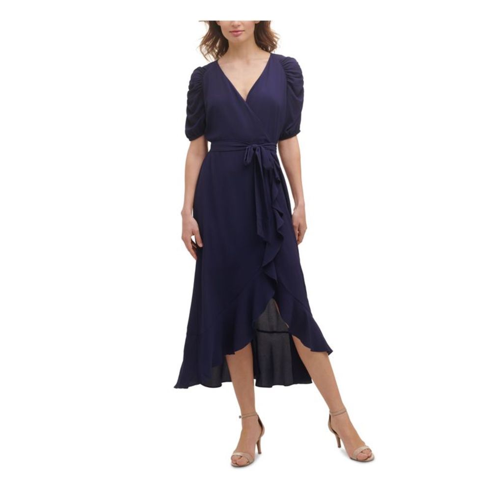 KENSIE DRESSES Womens Navy Elbow Sleeve Maxi Wear To Work Wrap Dress 12